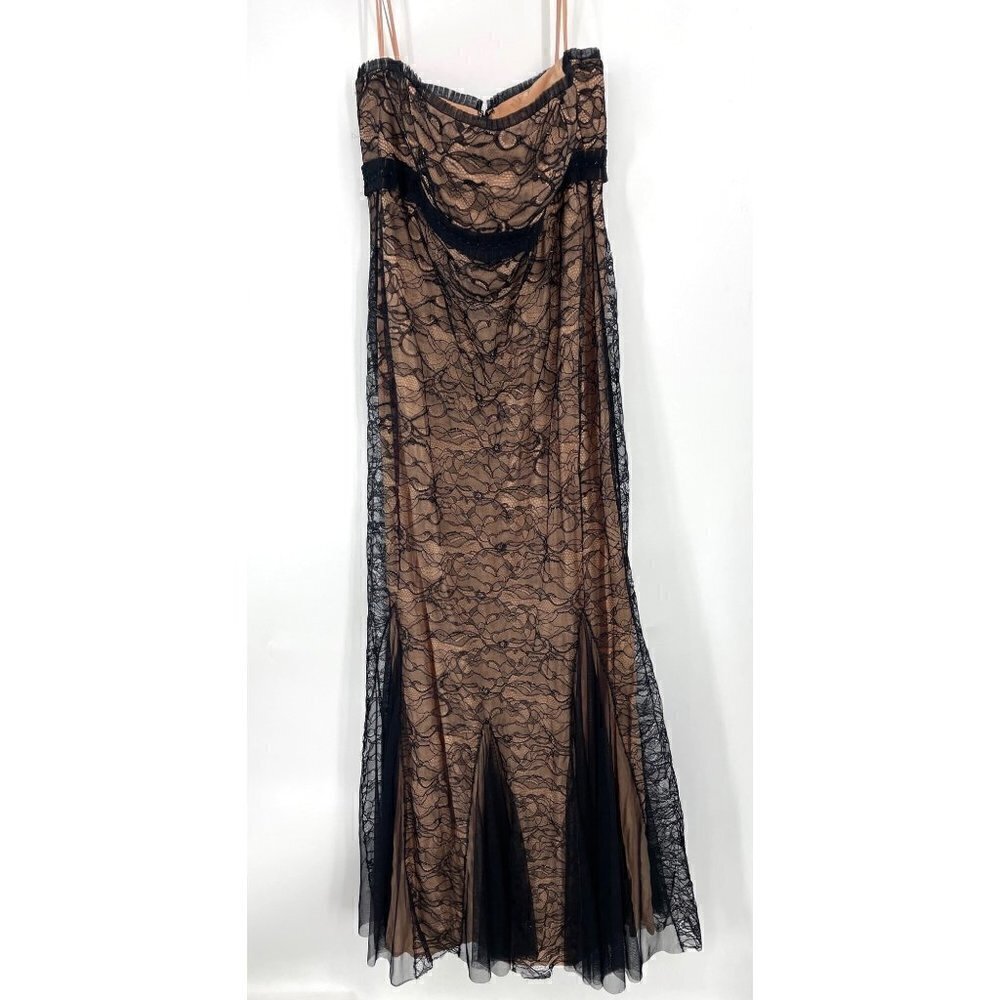 NEW Badgley Mischka Lace Silk Black Overlay Strapless Maxi‎ Dress 14